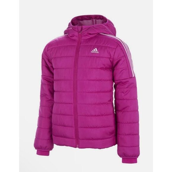 Adidas Classic Puffer Coat Girls Fushia Pink White Black Jacket - Picture 1 of 3